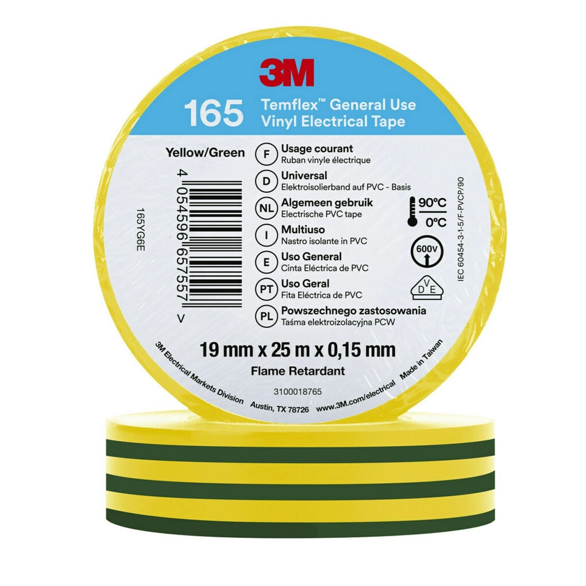 3m temflex vinyl electrical tape 165 green yellow 19 mm 25 m 100 rolls case