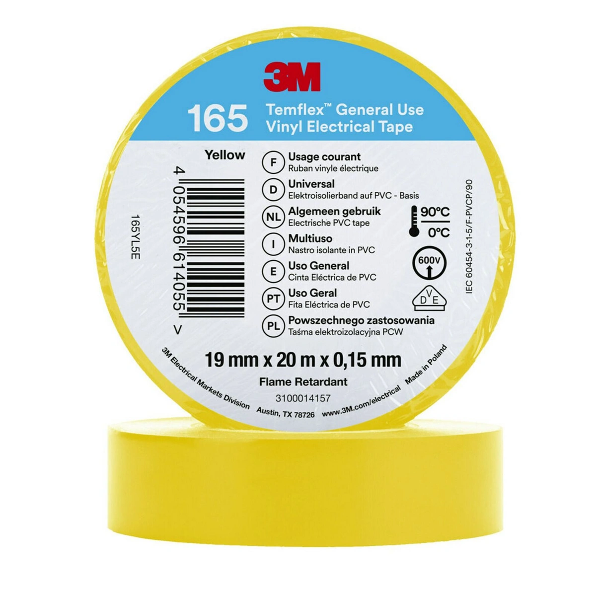 3m temflex vinyl electrical tape 165 yellow 19 mm 20 m 100 rolls case