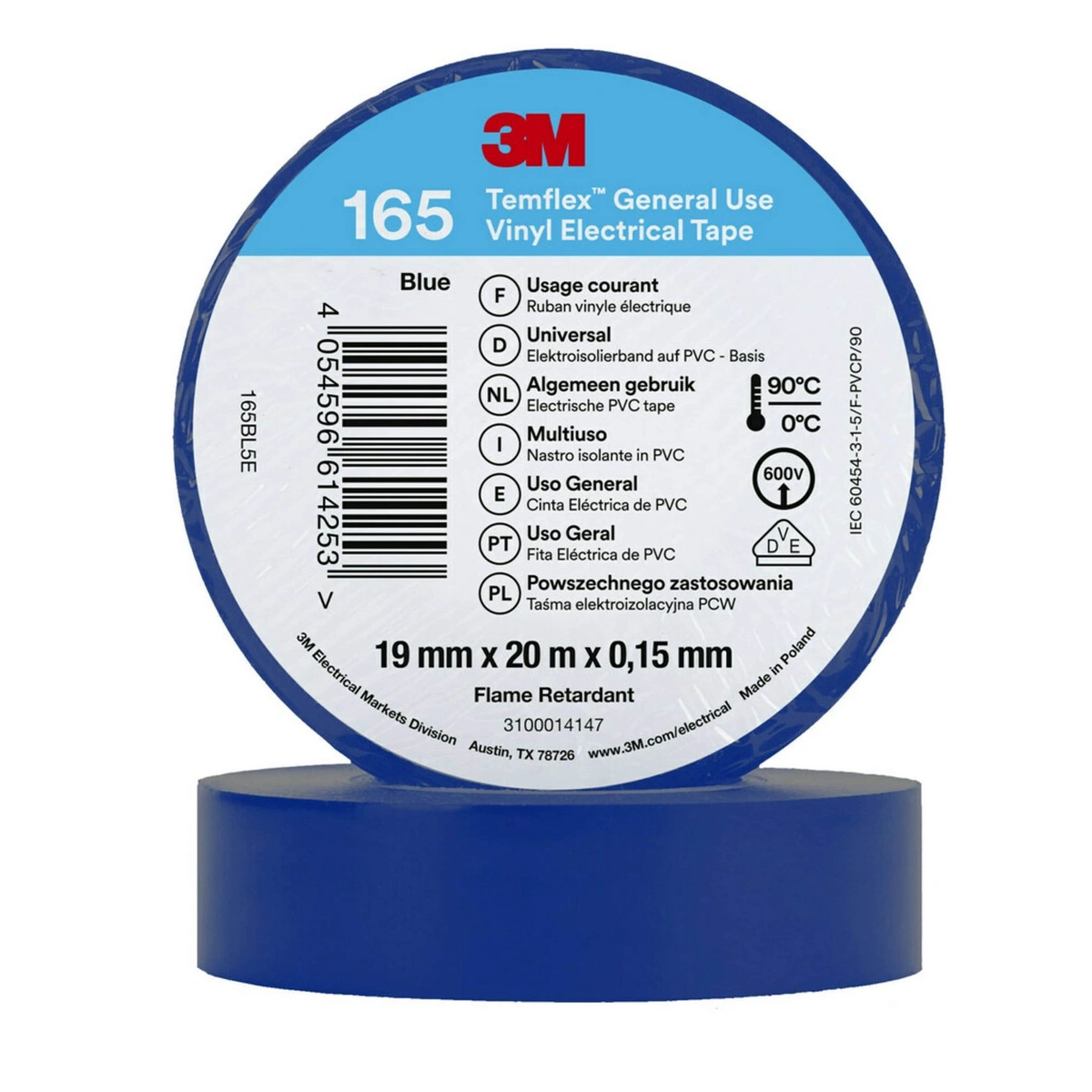 3m temflex vinyl electrical tape 165 blue 19 mm 20 m 100 rolls case