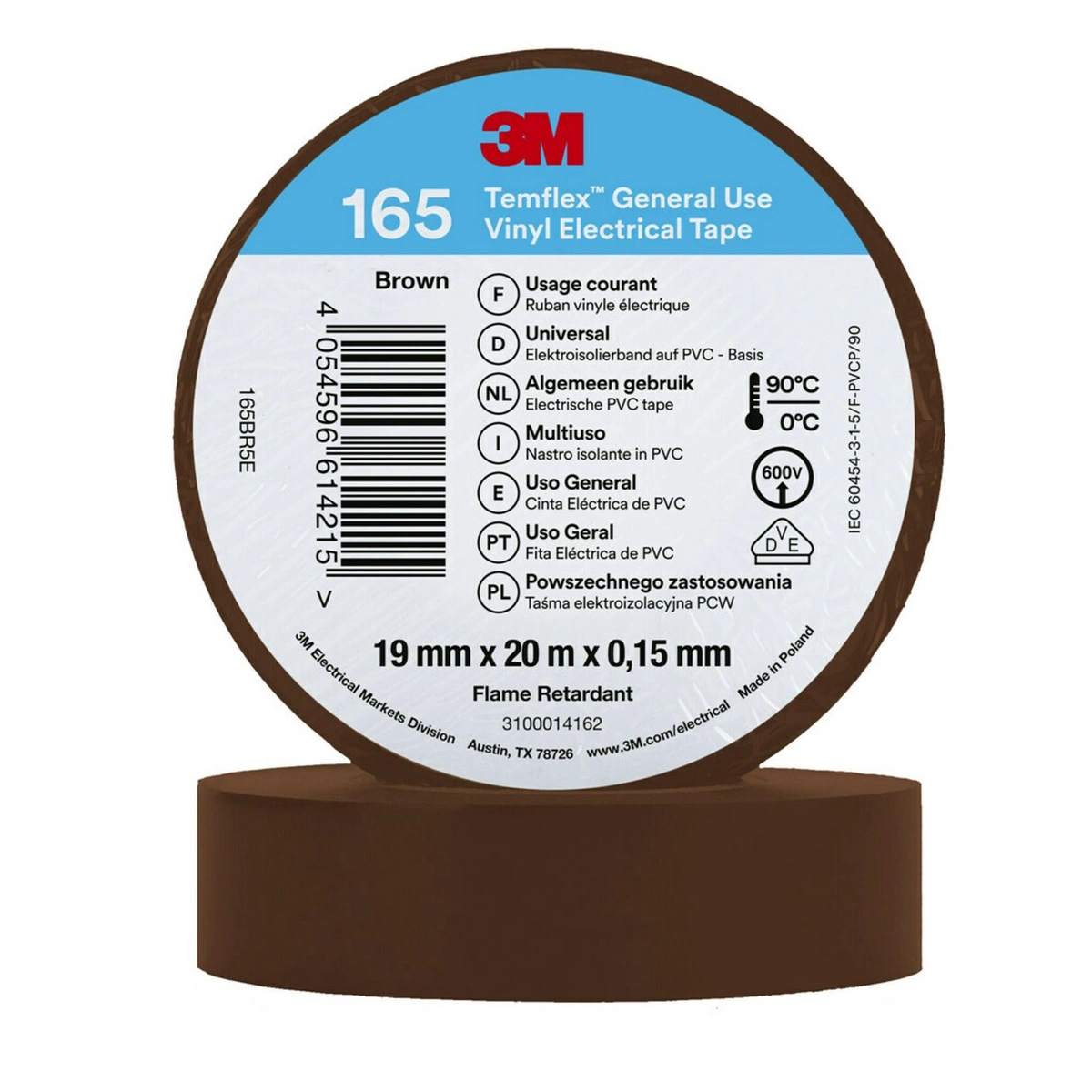 3m temflex vinyl electrical tape 165 brown 19 mm 20 m 100 rolls case